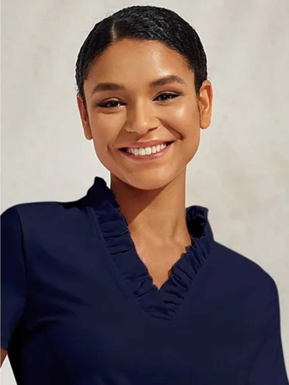 Ruffle V-Neck Short-Sleeve Blouse in Navy